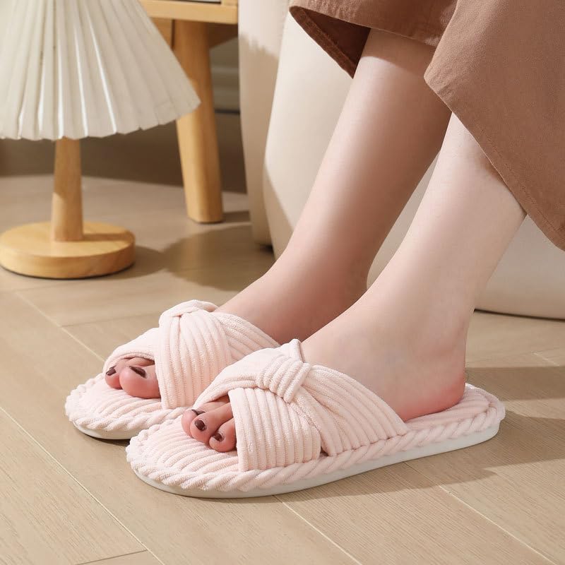 Comfortable Slippers for Women Winter Womens Slide Slipper Shoes Open Toe Corduroy Bow Crossbands for House Bedroom Indoor