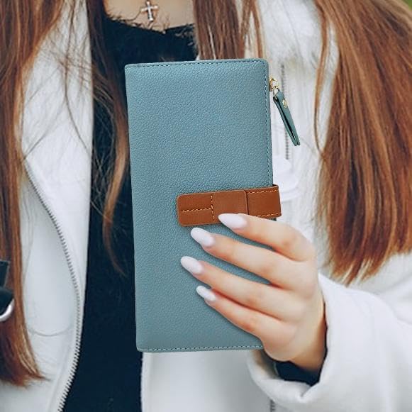 Women Wallet, PU Material Long Wallets for Women, Multiple Compartments Women Credit Card Holder with Zipper, Fashionable Slim Women Wallet for Travelling, Dating, Shopping, Blue, 7.4 x 3.9 x 0.7