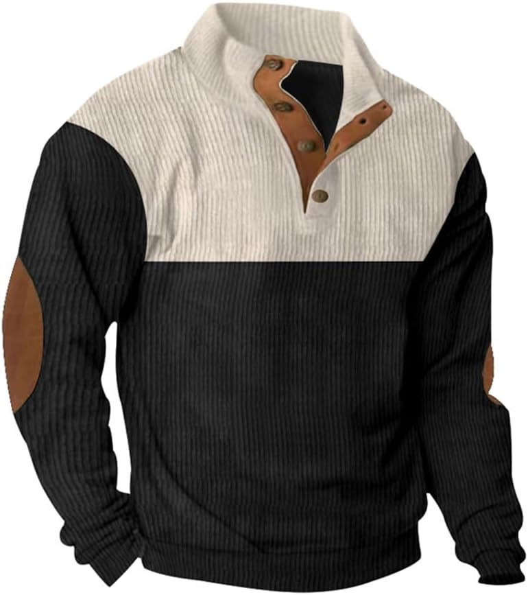 Men's Colorblock and Ribbed Knit Sweater, Button Up Casual Pullover, Long Sleeve Top for Men