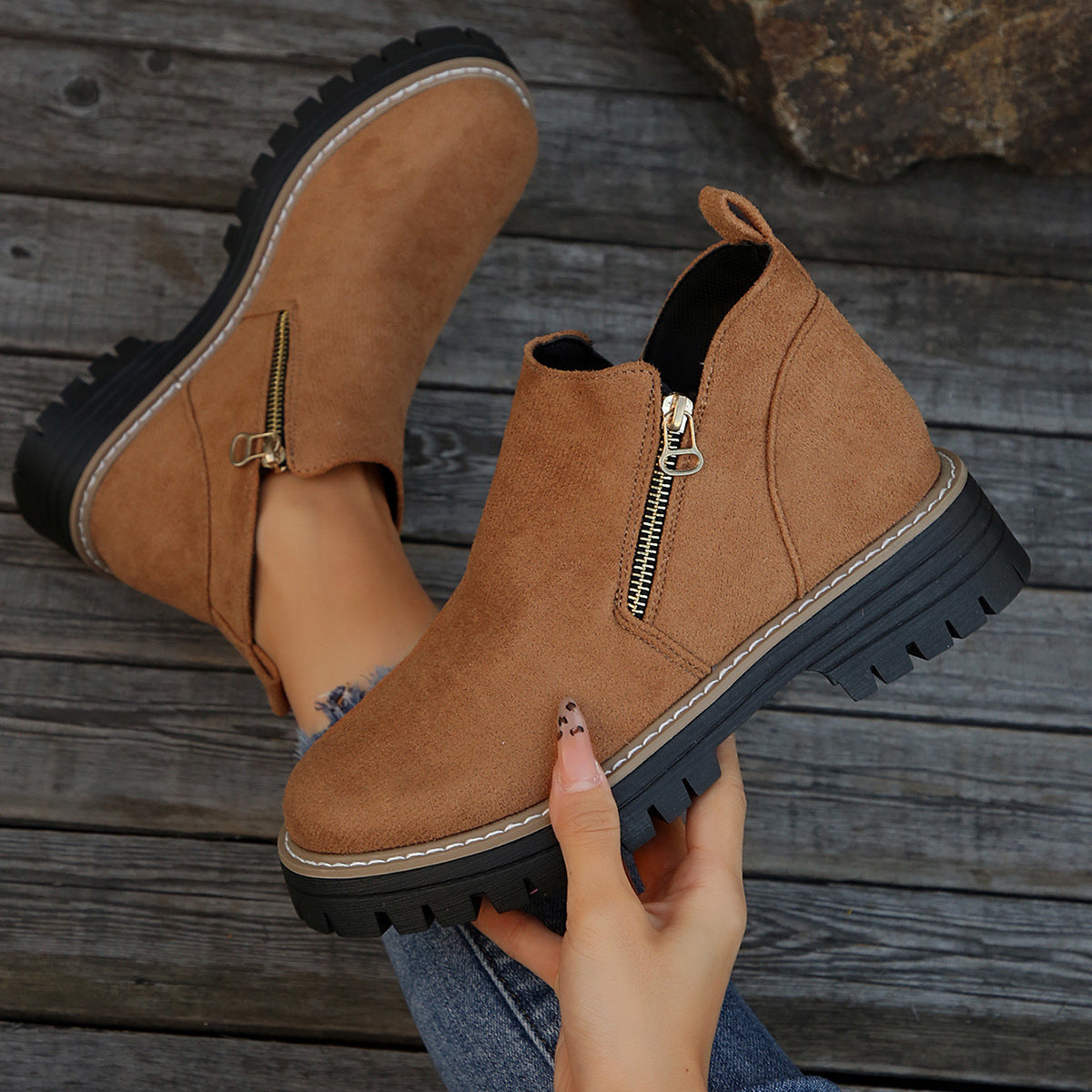 Women's Chunky Suede Ankle Boots - Side Zip Autumn Winter Boots