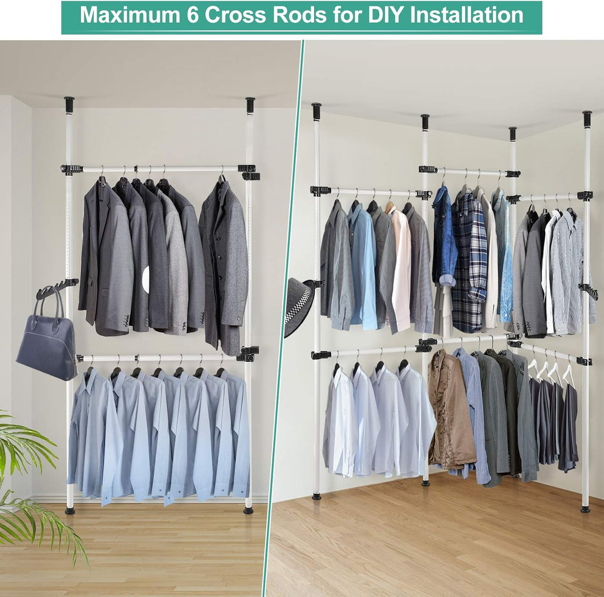 Telescopic Clothes Rack Adjustable Hanging Rail with Hooks 8-10.8ft Cocoarm