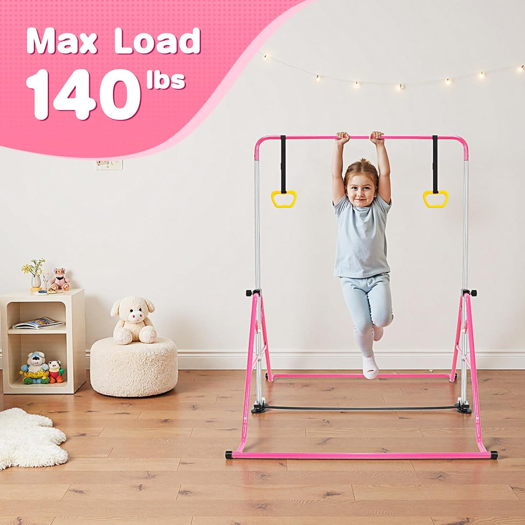 Kids Gymnastics Horizontal Bar Adjustable Foldable With Rings Indoor Outdoor