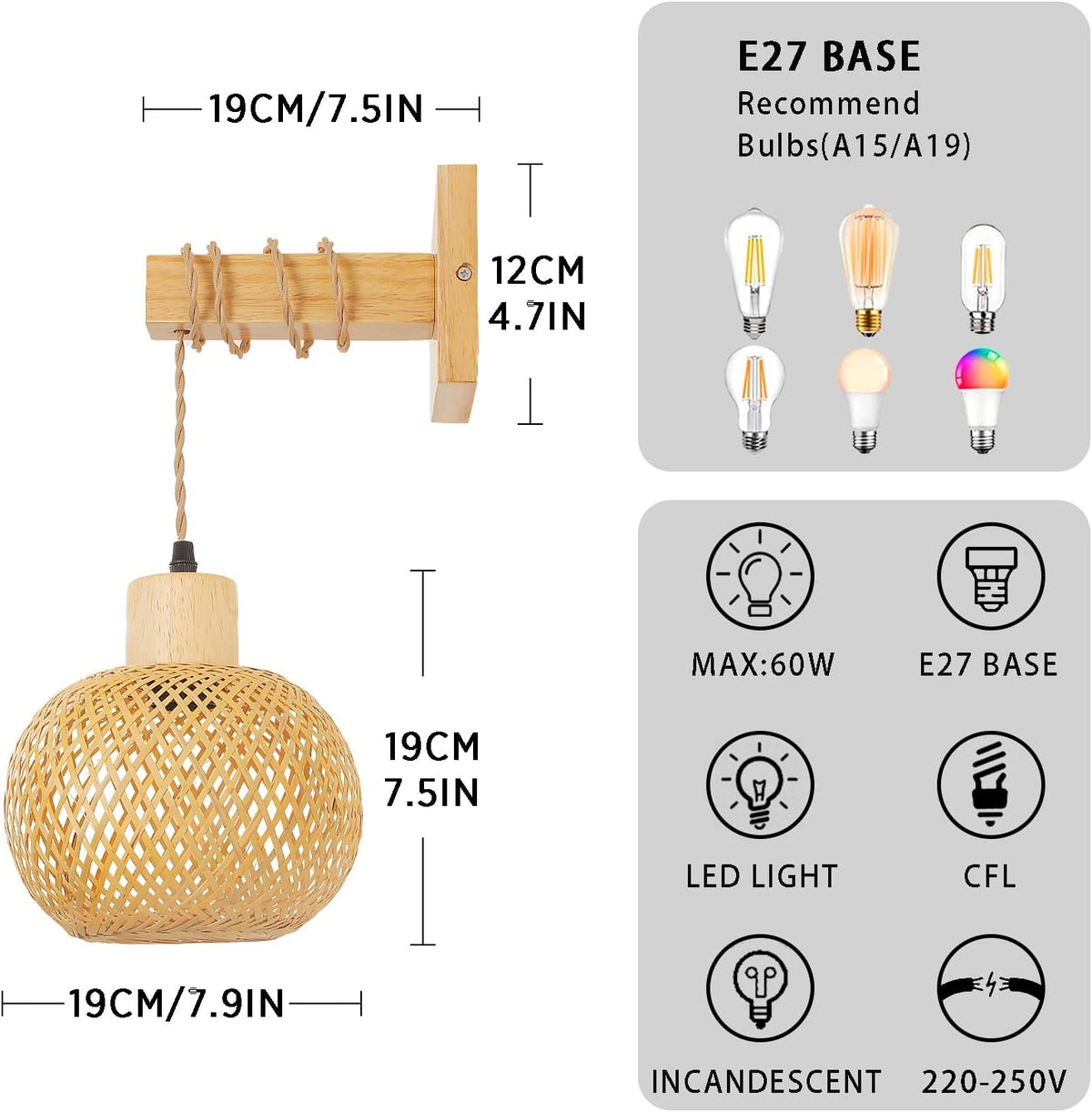 Bamboo Wall Light Boho Handwoven E27 Lamp Shade Schindora