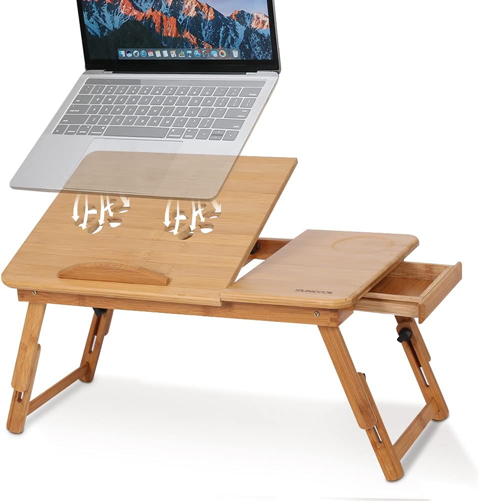 Laptop Bed Tray Bamboo Adjustable Lap Desk with Drawer Cup Slot and Vent Ejoyous