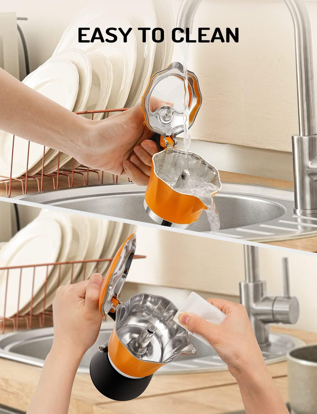 Stovetop Coffee Maker Italian Espresso Moka Pot Transparent Lid Orange TWOMEOW