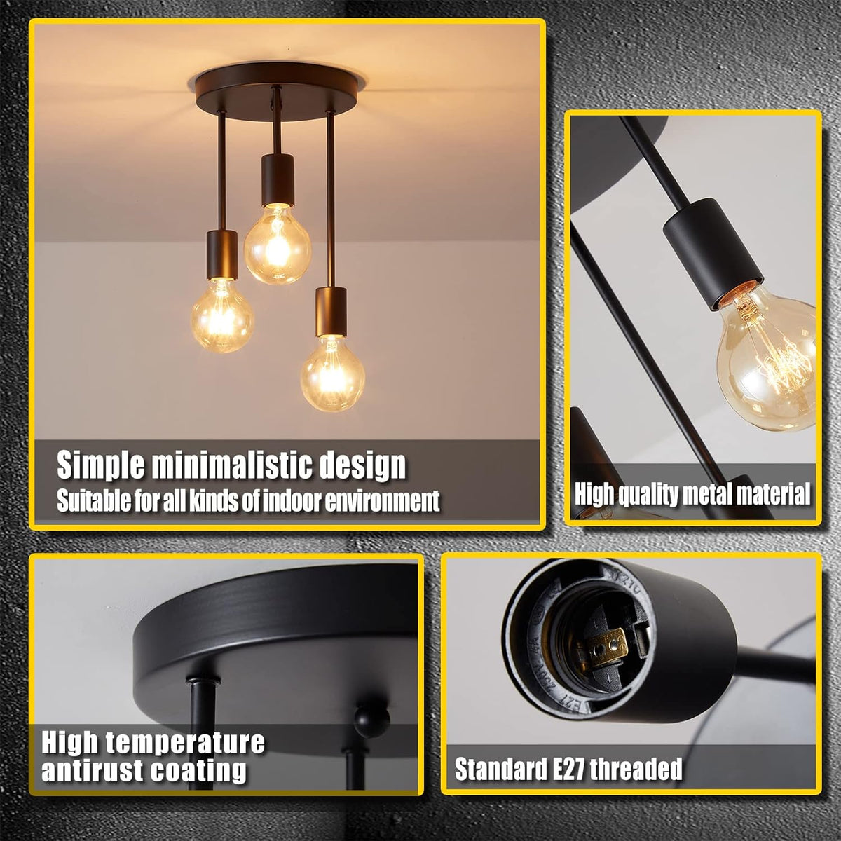 Ceiling Spotlight 3 Way Black Rustic E27 Pendant Light Indoor Lightsjoy
