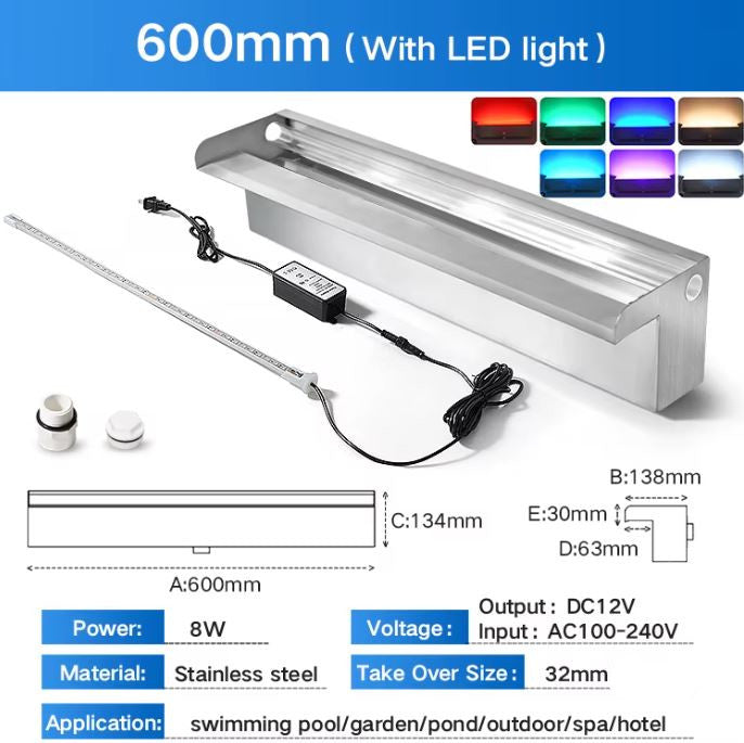 Pool Waterfall Fountain with LED Light Stainless Steel Rectangular Spa Cascade