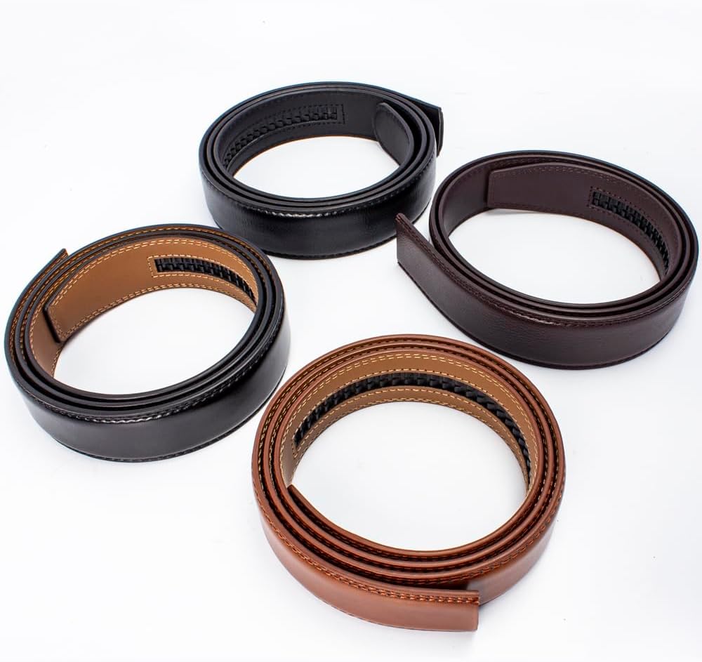 Mens Belt Ratchet Belt Replacement Strap 1 3/8”, 2 PACK Leather Belt Strap for 40MM Slide Click Buckle ，Trim to Fit