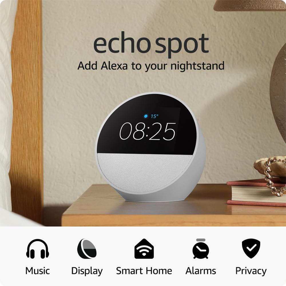 Echo Spot (newest gen), Smart alarm clock with vibrant sound, Black, with Alexa+ Early Access