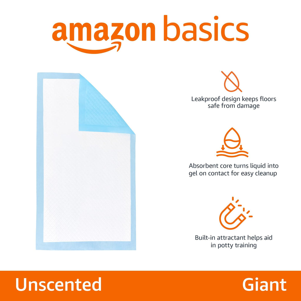 Amazon Basics Puppy Training Pads, 5-Layer Leakproof Design, Quick-Dry Surface, Regular 56 x 56 cm, Pack of 50, Blue