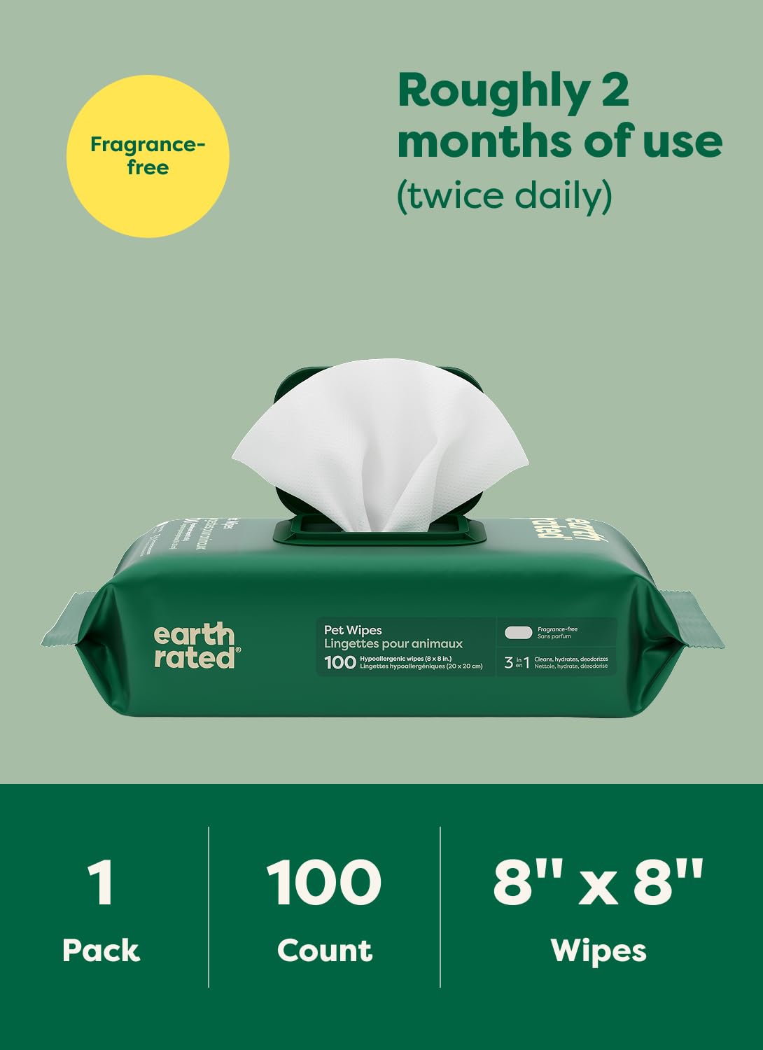 Earth Rated Dog Wipes, Hypoallergenic, Cleaning and Hydrating, for Grooming Paws, Body and Bums, Lavender Scented, 100 Count