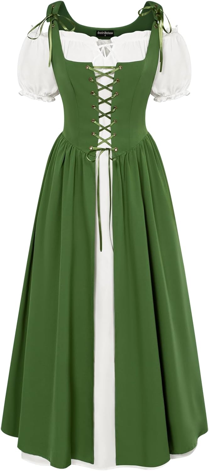 SCARLET DARKNESS Women 2Pcs Renaissance Maxi Dresses Off Shoulder Short Sleeve Lace-up Irish Costume with Over Dress