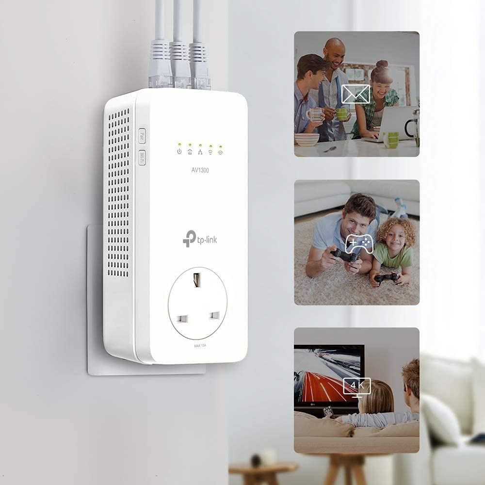TP-Link TL-PA7017P KIT 1-Port Gigabit Passthrough Powerline Starter Kit, Data transfer speed Up To 1000 Mbps, Ideal for HD/3D/4K video streaming UK Plug (Renewed)