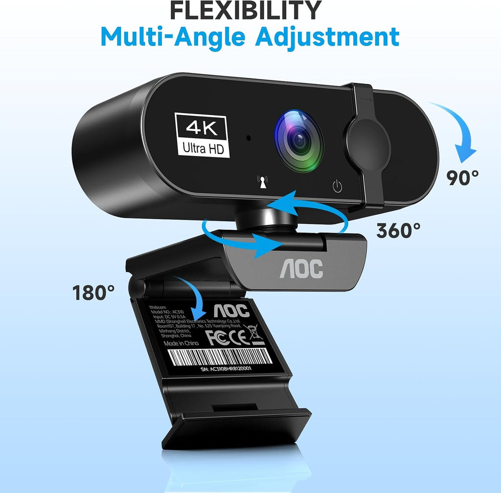 AOC Webcam for PC with Microphone, 4K Webcam Privacy Cover, Plug & Play