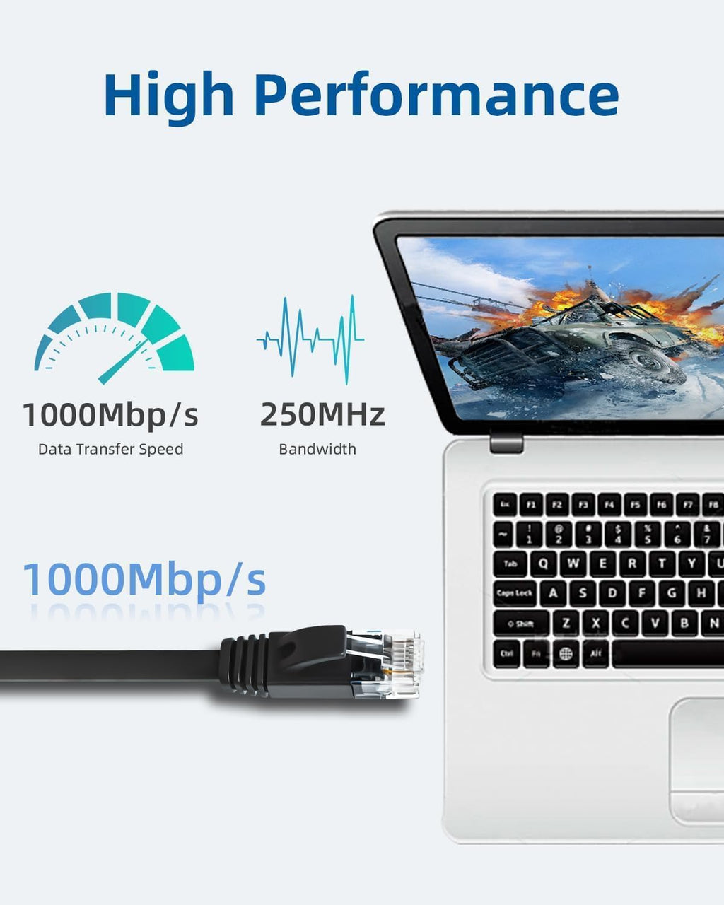 Yauhody CAT 6 Ethernet Cable 10m, Pure Copper High Speed Solid Flat CAT6