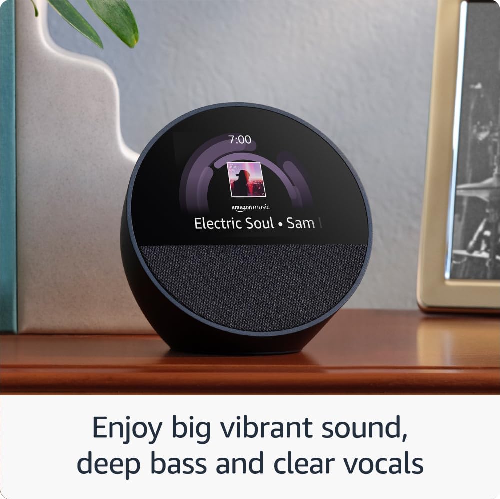 Echo Spot (newest gen), Smart alarm clock with vibrant sound, Black, with Alexa+ Early Access