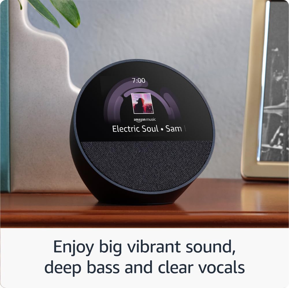 Echo Spot (newest gen), Smart alarm clock with vibrant sound, Black, with Alexa+ Early Access