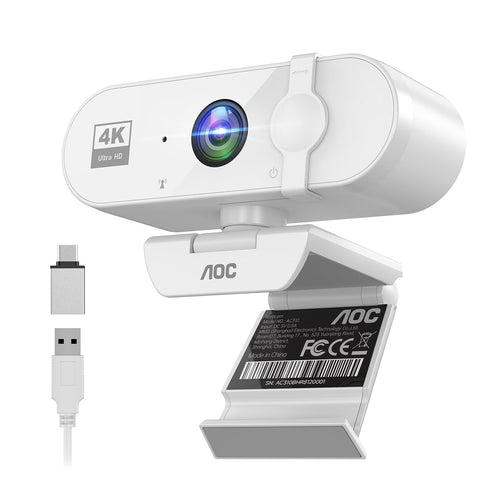 AOC Webcam for PC with Microphone, 4K Webcam Privacy Cover, Plug & Play