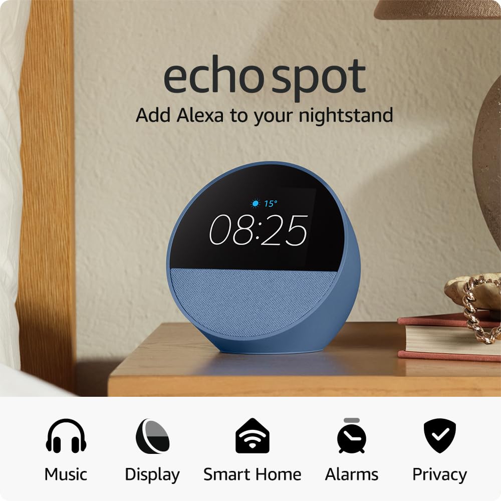 Echo Spot (newest gen), Smart alarm clock with vibrant sound, Black, with Alexa+ Early Access