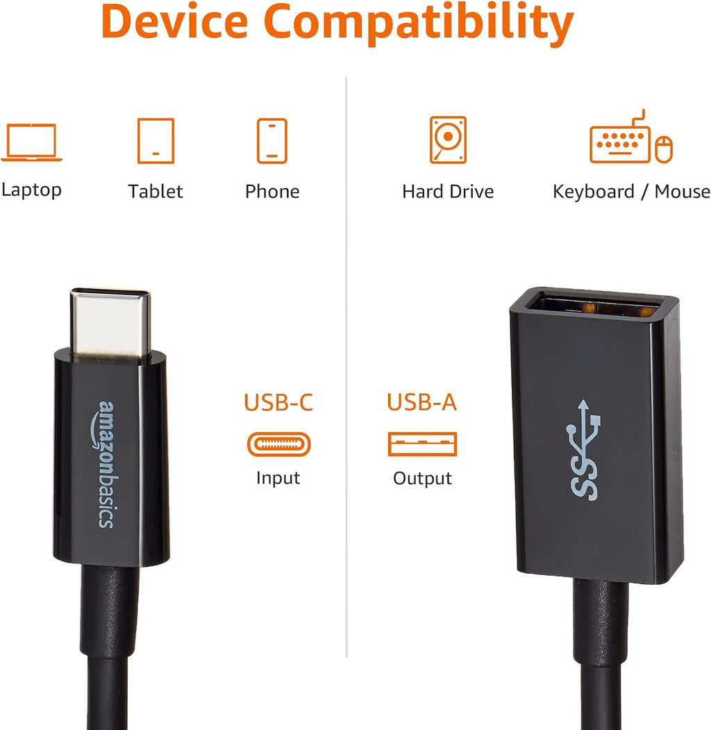 Amazon Basics USB-C (Male) to USB-A (Female) Adapter Cable Converter, USB 3.1 Gen 1, 5Gbps High-Speed, USB-IF Certified, for Laptops, Tablets, Phones (iPhone 16/15), Black