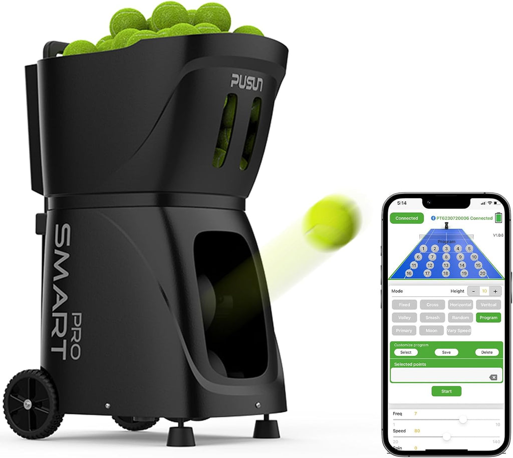 PT-Smart Pro Tennis & Ball Machine with Remote Control | Automatic Starter 12-75 MPH | Training Equipment with Spin | Practice Machine 100+ Balls (Black)