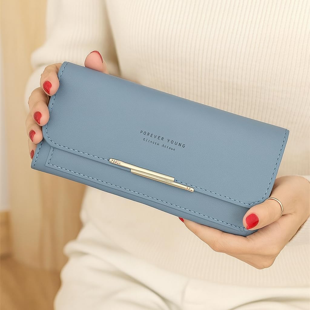 Leather Wallet for Women Slim Designer Trifold Ladies Credit Card Holder, Blue, Compact, Casual Coin Purse
