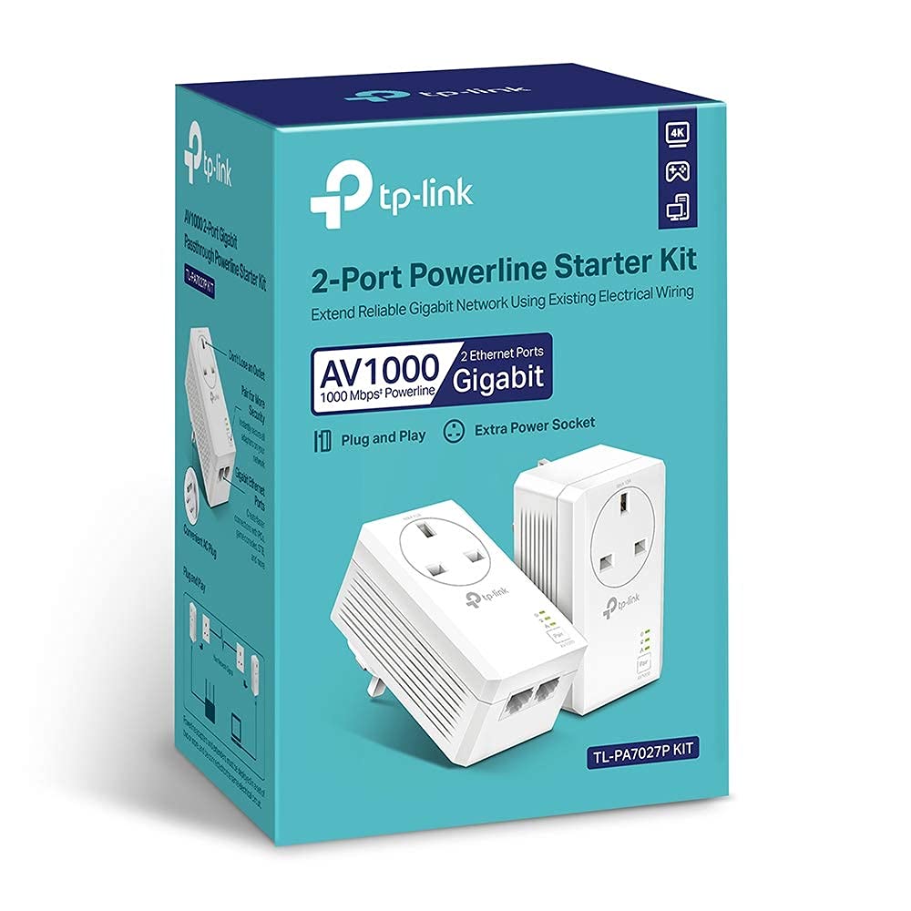 TP-Link TL-PA7017P KIT 1-Port Gigabit Passthrough Powerline Starter Kit, Data transfer speed Up To 1000 Mbps, Ideal for HD/3D/4K video streaming UK Plug (Renewed)