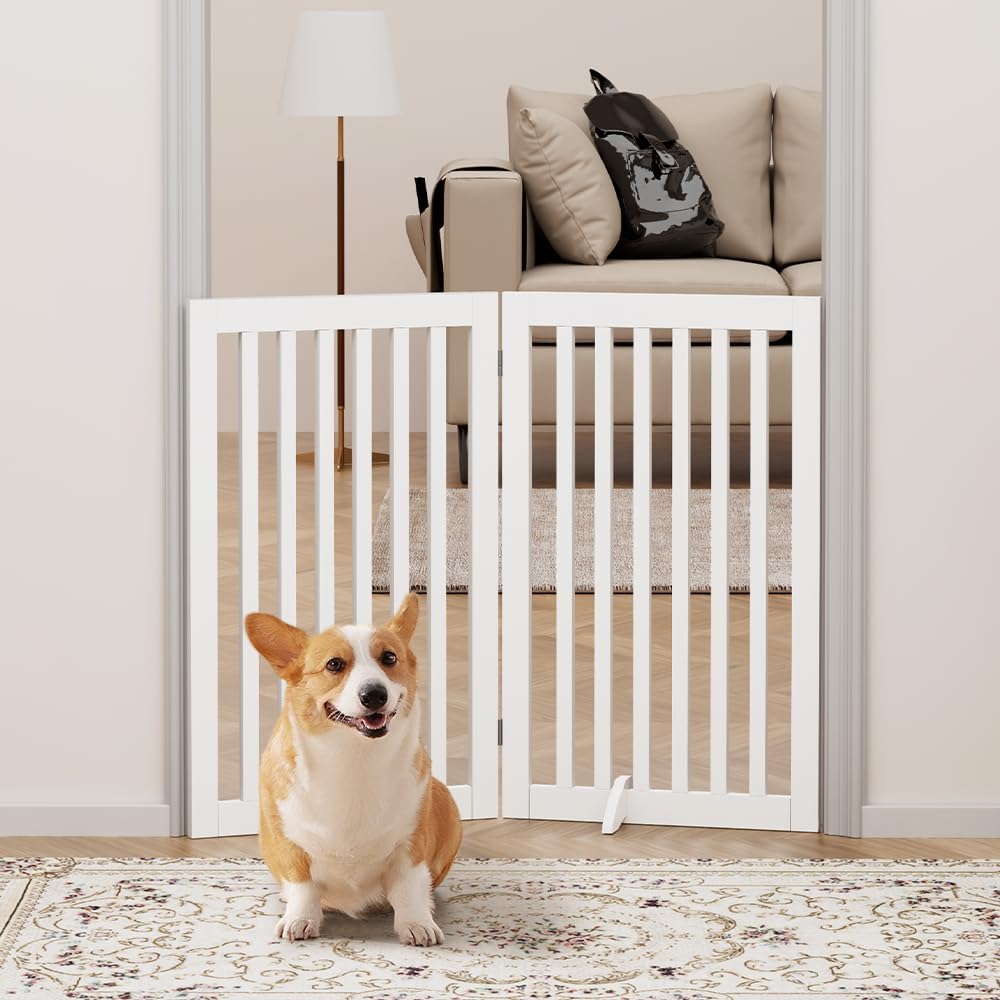 Dog Gate Freestanding 91cm Foldable Pet Barrier Room Divider White unipaws