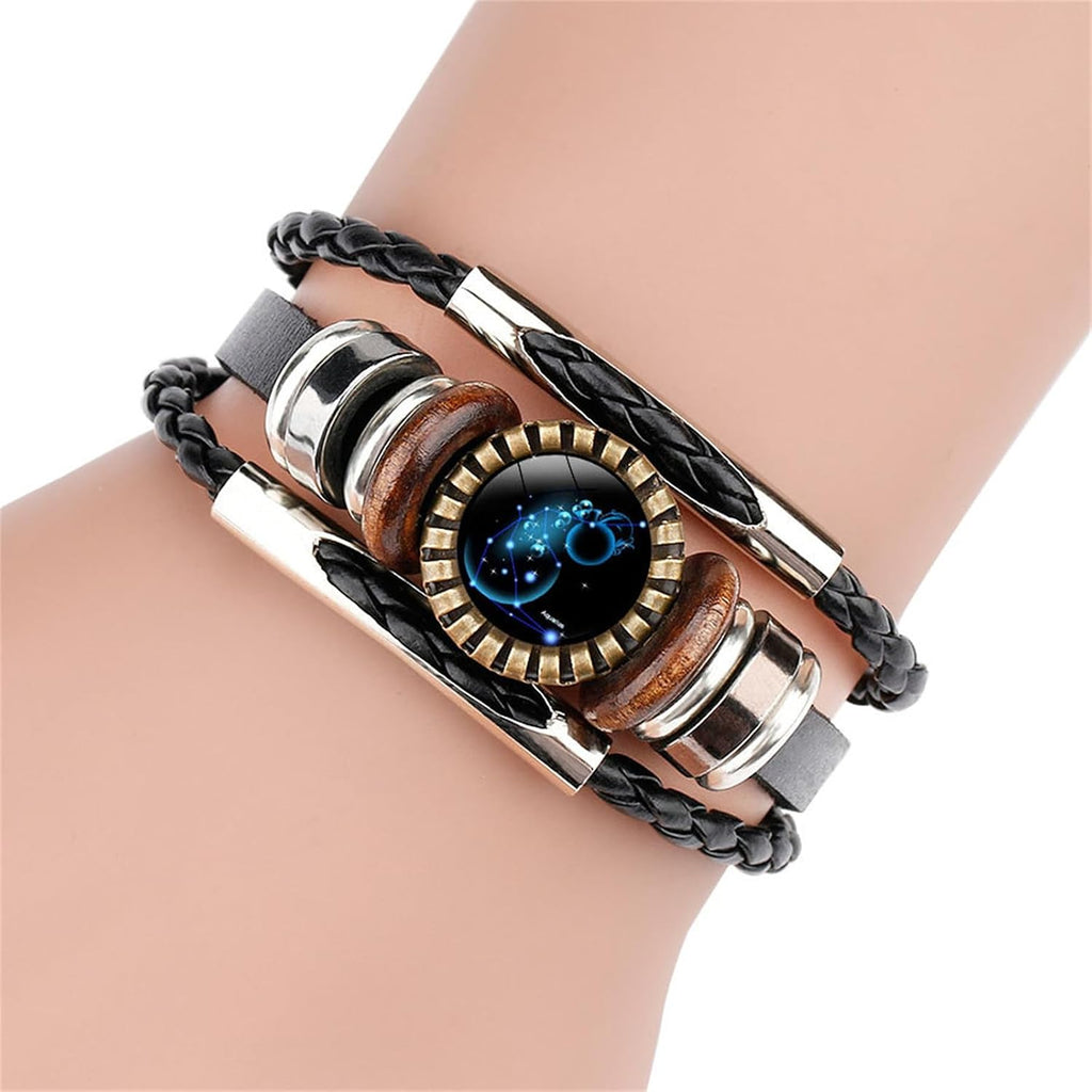 Constellation Black Braided Leather Bracelet Sagittarius Scorpio Pisces Braided Glass Dome Jewelry Punk Men's Bracelet