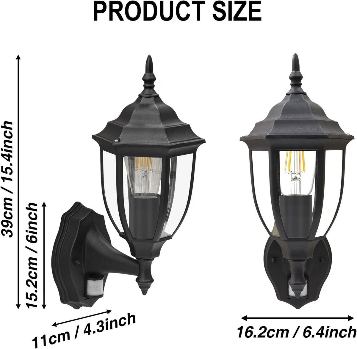 Outdoor Wall Light PIR Motion Sensor Waterproof E27 Black Aluminium Porch Lantern