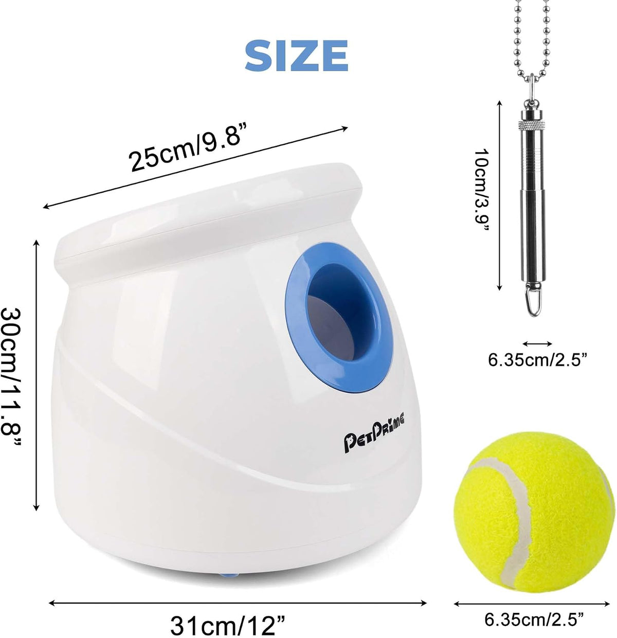 Pet Prime Automatic Dog Ball Launcher for Large Breed, Rechargeable Interactive Ball Thrower Toy with 10-40Ft, Fetch Machine with 6 Durable 2.5" Tennis Balls & Dog Whistle