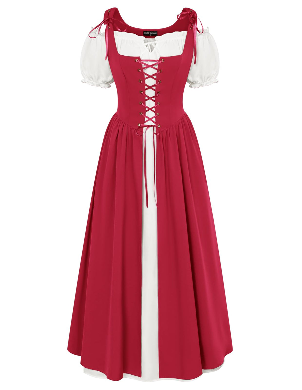 SCARLET DARKNESS Women 2Pcs Renaissance Maxi Dresses Off Shoulder Short Sleeve Lace-up Irish Costume with Over Dress