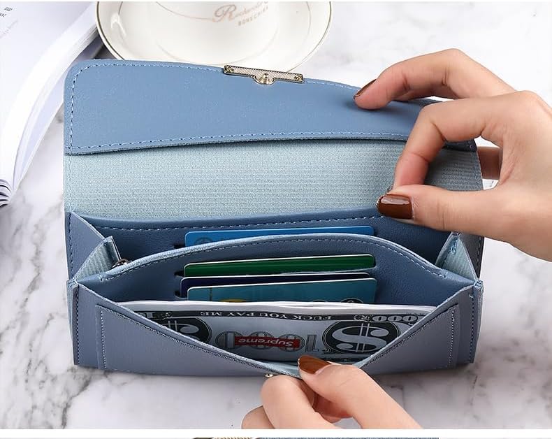 Leather Wallet for Women Slim Designer Trifold Ladies Credit Card Holder, Blue, Compact, Casual Coin Purse