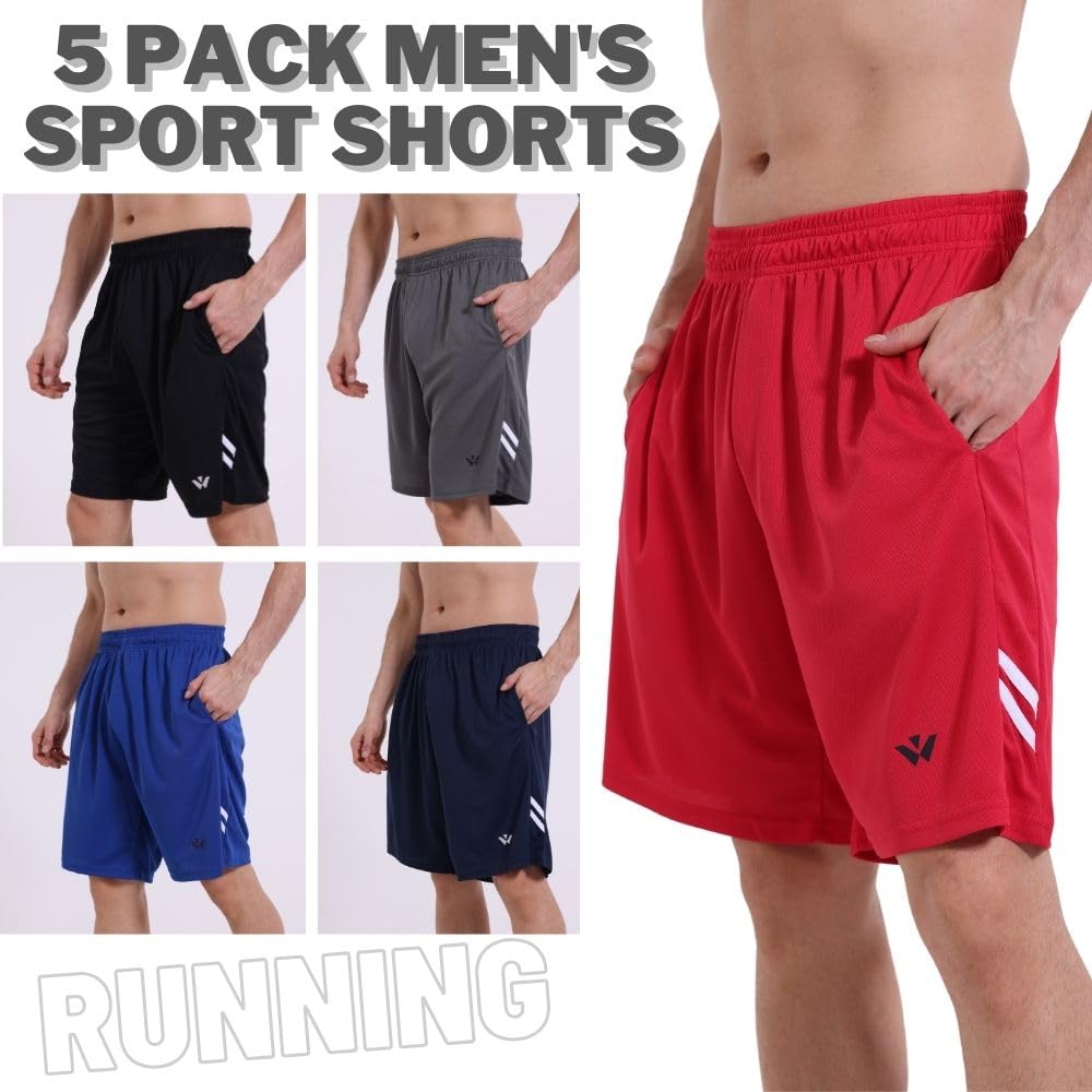 5 Pack Mens Sports Shorts Men's Athletic Shorts with Pockets and Elastic Waistband, Quick Dry Workout Shorts for Men Running Trousers