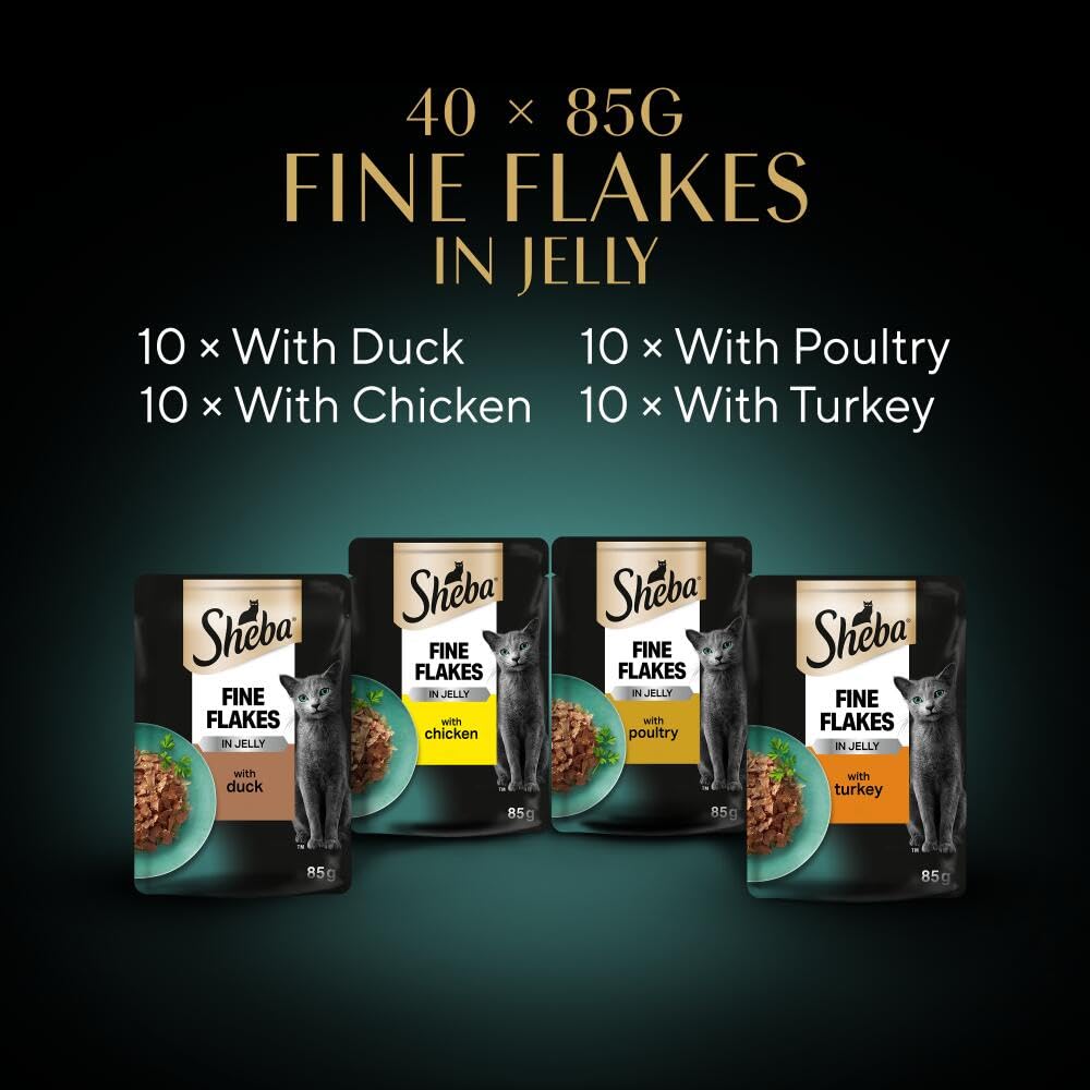 Sheba Fine Flakes in Jelly – Fish Collection – Wet cat food pouches for adult cats – 40x85g pack