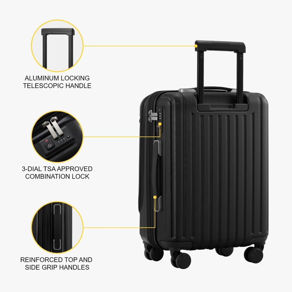 Carry On Suitcase 55cm Expandable Laptop Compartment TSA Black LEVEL8 Cabin Luggage
