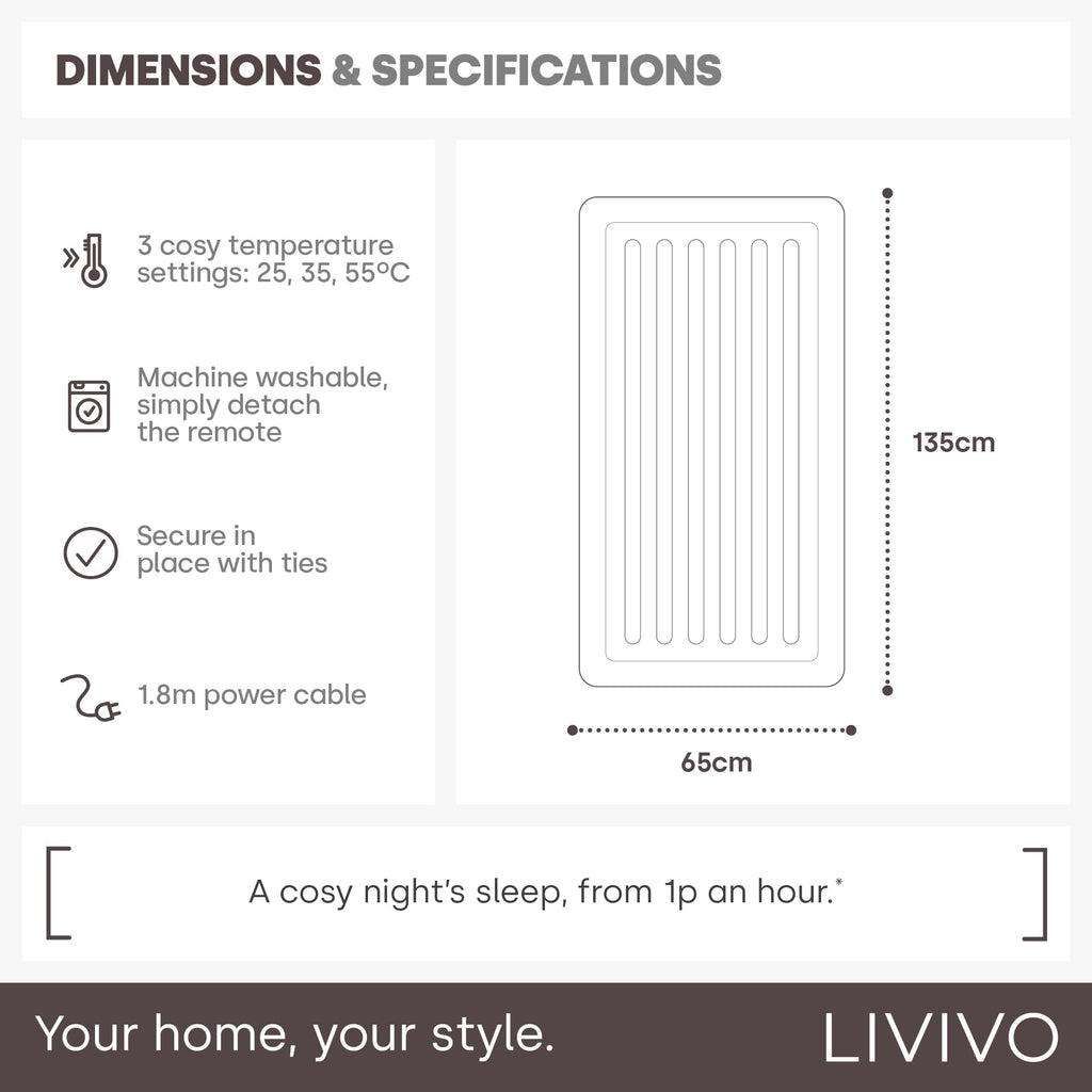 LIVIVO Electric Blanket King Size - Heated Underblanket for Bed - 165x137cm