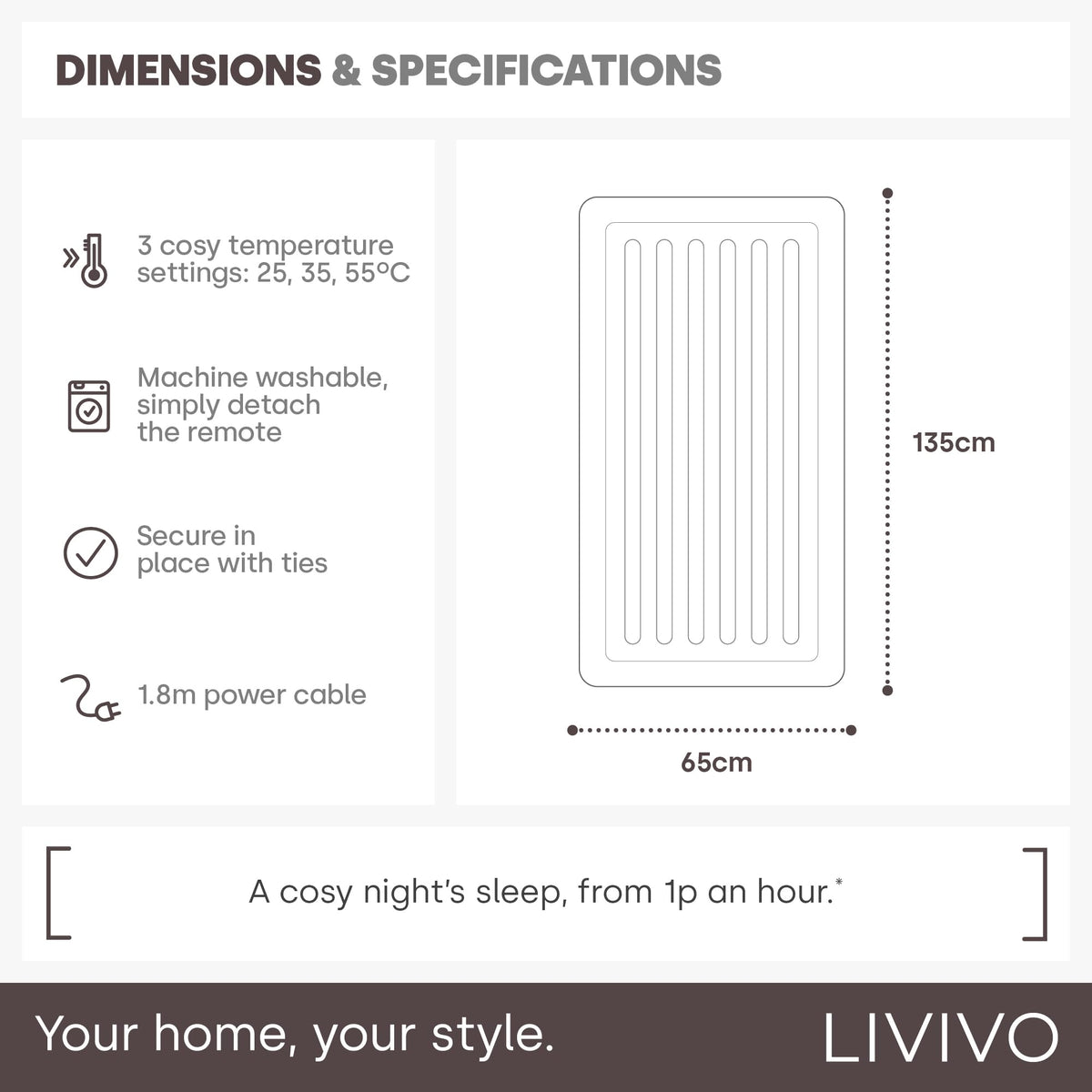 LIVIVO Electric Blanket King Size - Heated Underblanket for Bed - 165x137cm