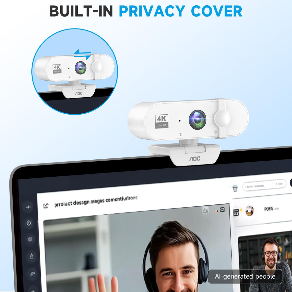 AOC Webcam for PC with Microphone, 4K Webcam Privacy Cover, Plug & Play
