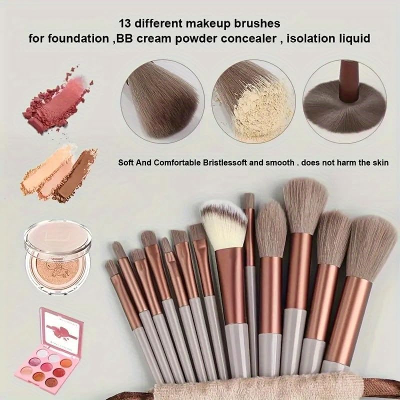 13-Piece Makeup Brush Set for Face and Eyes, Foundation, Powder, Concealer, Eyeshadow, Blush, Makeup Brushes with Storage Bag, Brown