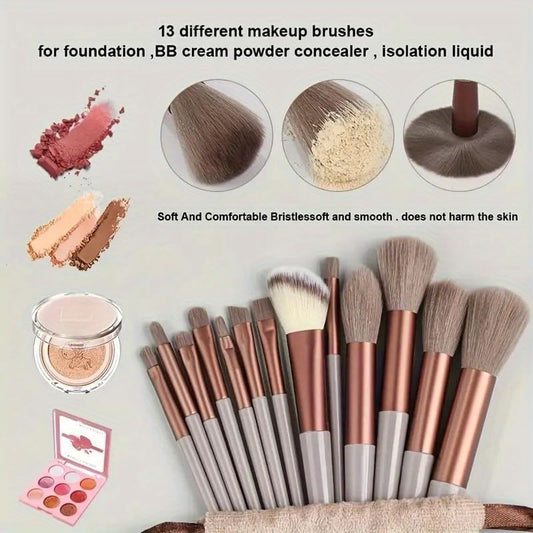 13-Piece Makeup Brush Set for Face and Eyes, Foundation, Powder, Concealer, Eyeshadow, Blush, Makeup Brushes with Storage Bag, Brown