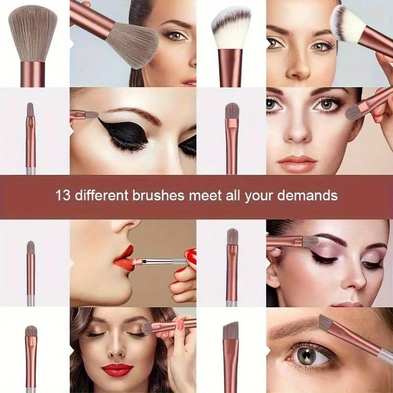 13-Piece Makeup Brush Set for Face and Eyes, Foundation, Powder, Concealer, Eyeshadow, Blush, Makeup Brushes with Storage Bag, Brown