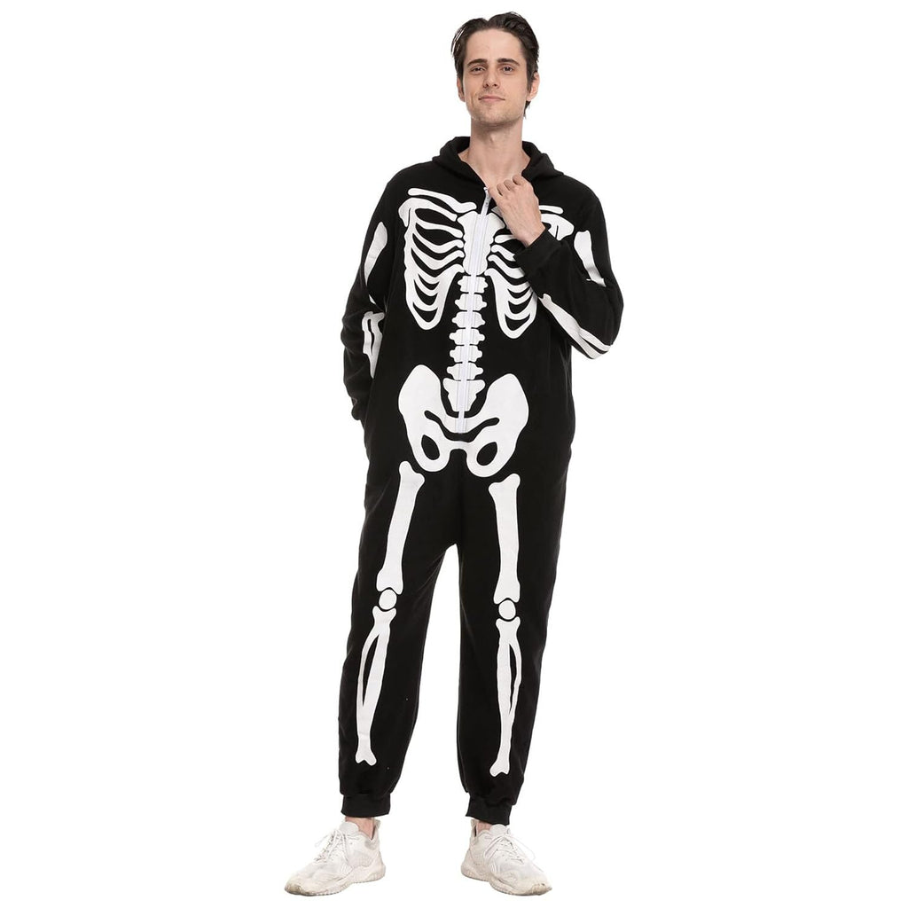 Spooktacular Creations Unisex Skeleton Jumpsuit - Plush Skeleton Zippered Halloween Hoody for Adult Sleepwear Costume