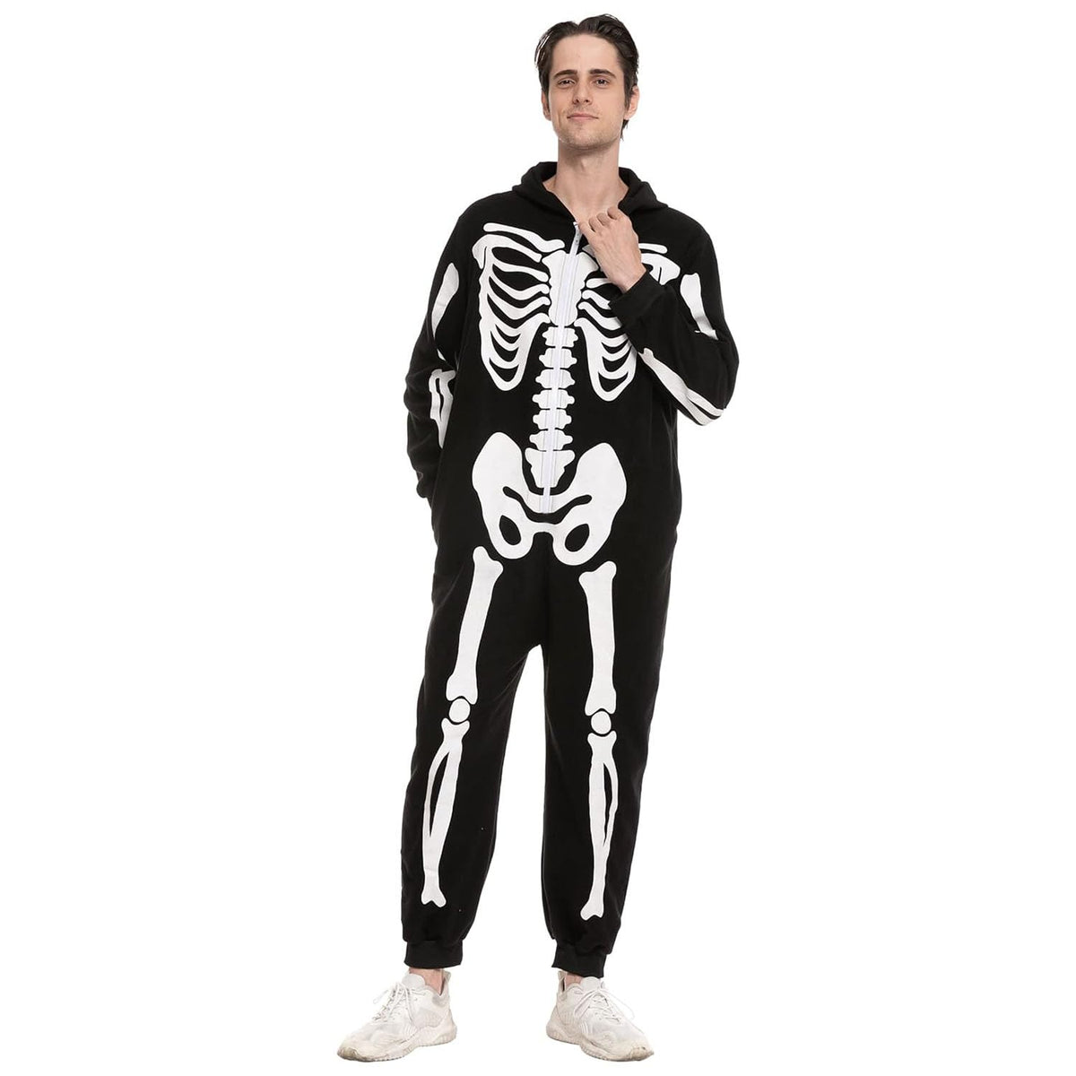 Spooktacular Creations Unisex Skeleton Jumpsuit - Plush Skeleton Zippered Halloween Hoody for Adult Sleepwear Costume