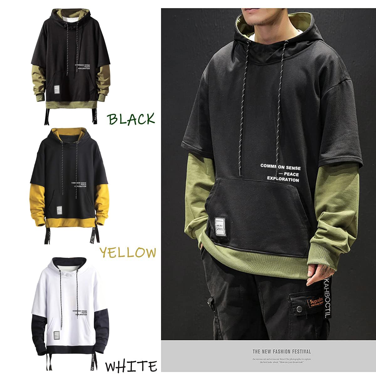 Moshtashio Men's Hoodie Colorblock Pullover Sweatshirt with Design Hip Hop