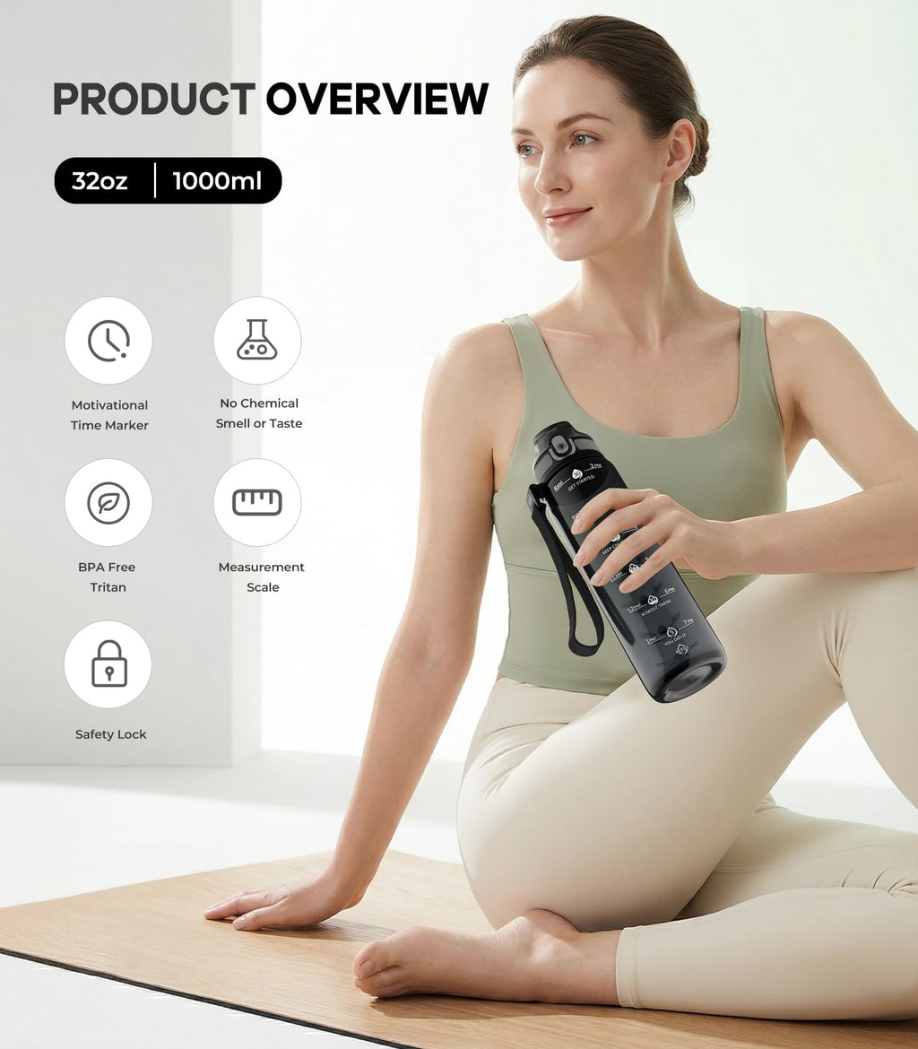 1L Water Bottle Made of BPA-Free Tritan Material, Sports Water Bottle with Removable Straw & Hydration Time Markerings, Ideal for Gym, Travel, Home, School and Outdoor Activities - Dusty-Blue