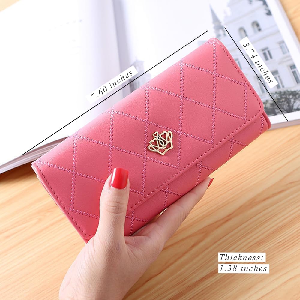 Wallet for Women, RFID Blocking Large Capacity Trifold Ladies Wallet Leather Long Clutch Wallet Multi Card Organizer,Women's Clutch Organizer, red, 1.4 x 3.7 x 7.6 inches, Foldable