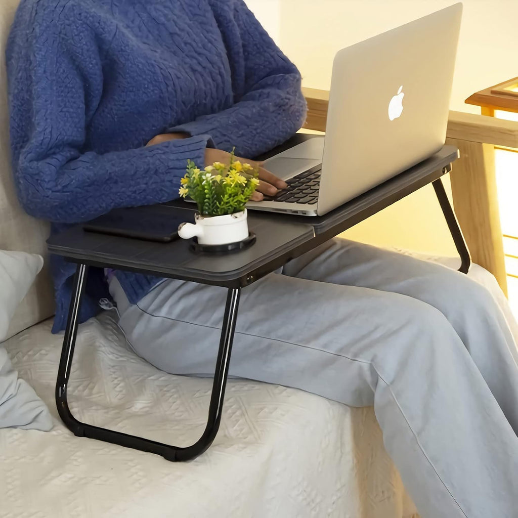 Laptop Bed Table Foldable Legs Cup Slot Reading Notebook Stand Black Desk Tray