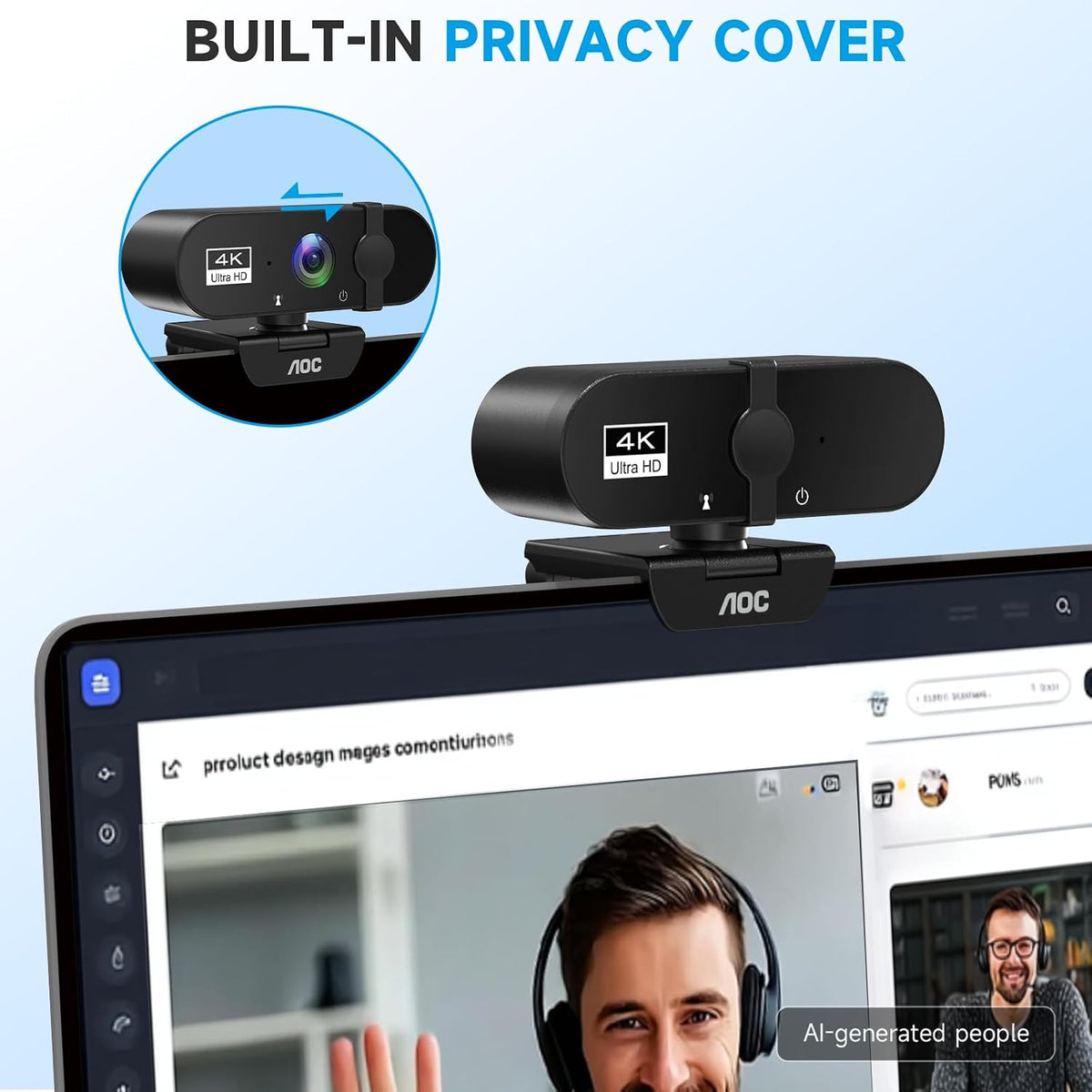 AOC Webcam for PC with Microphone, 4K Webcam Privacy Cover, Plug & Play
