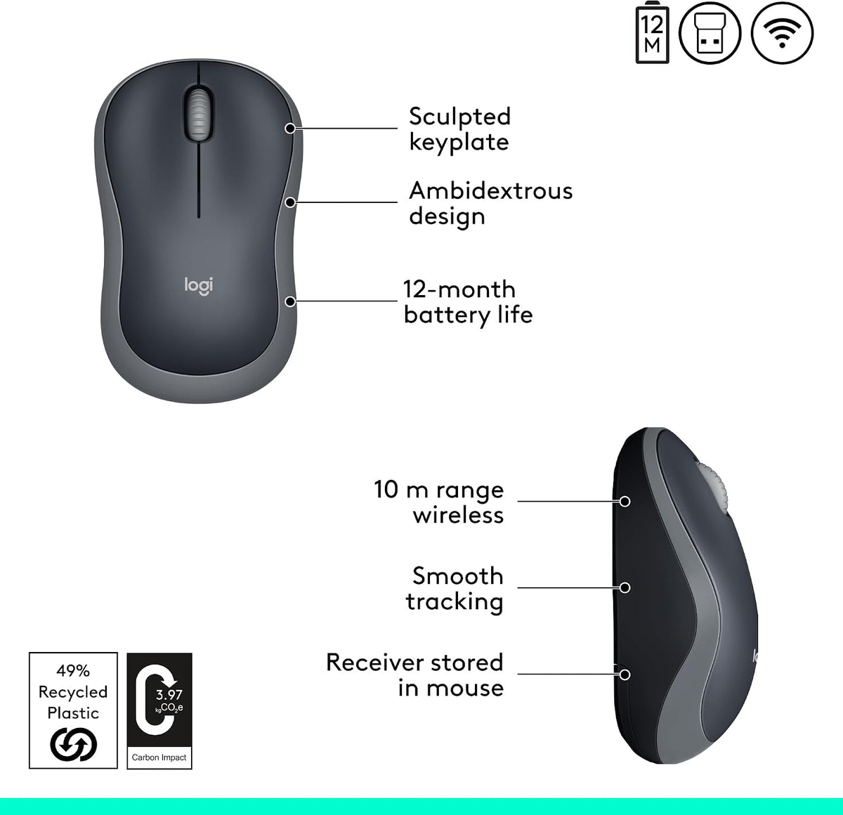 Logitech M185 Wireless Mouse, 2.4GHz with USB Mini Receiver, 12-Month Battery Life, 1000 DPI Optical Tracking, Ambidextrous, Compatible with PC, Mac, Laptop - Grey